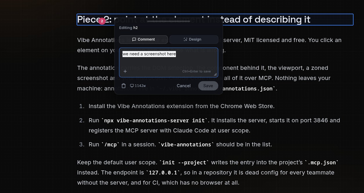 Vibe-Annotations-Popup an einer Überschrift dieses Beitrags, mit Badge 2 und dem Kommentar „we need a screenshot here"