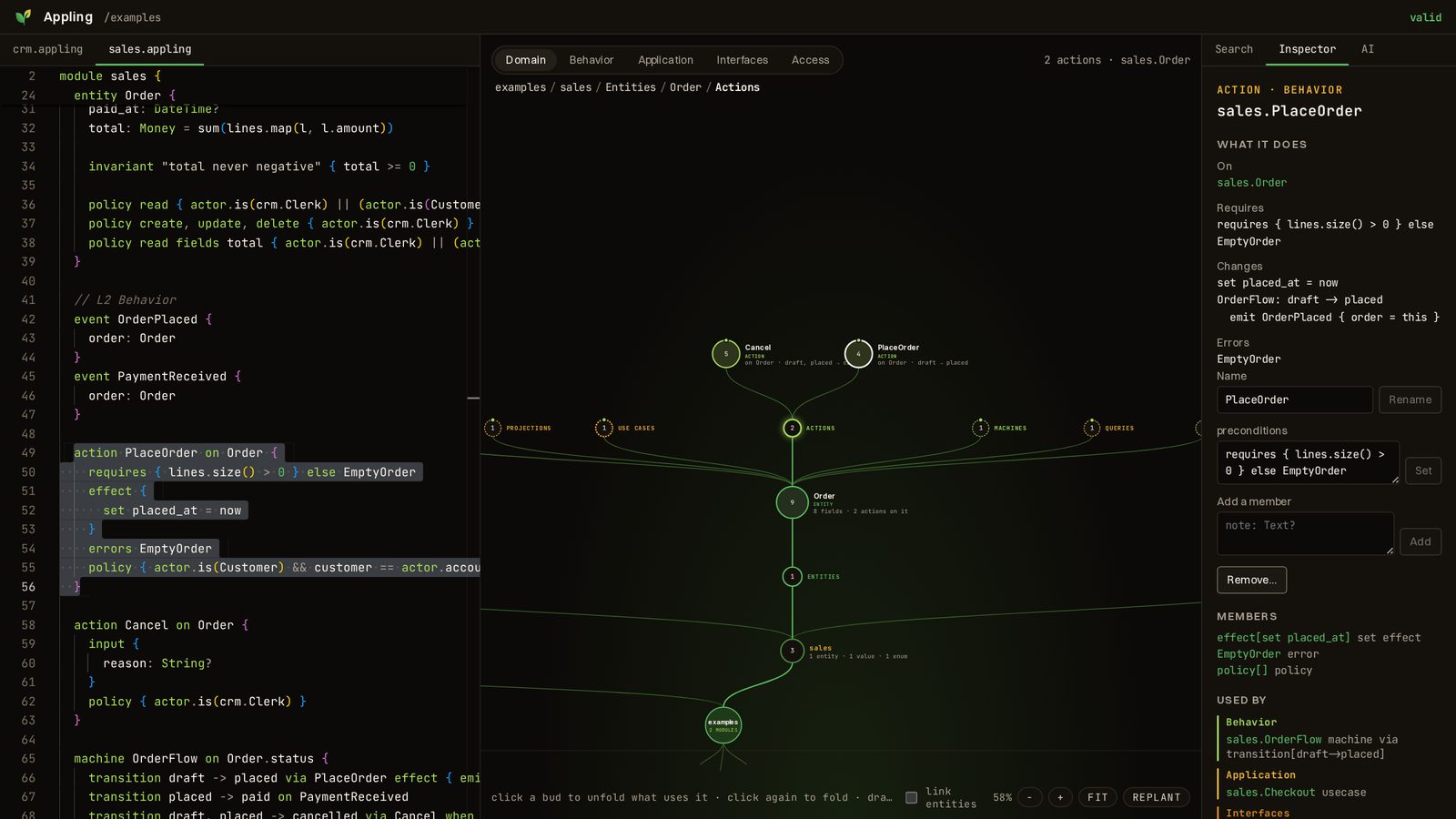 Appling IDE inspector for the PlaceOrder action, showing its precondition, the field it sets, the transition draft to placed and the event it emits